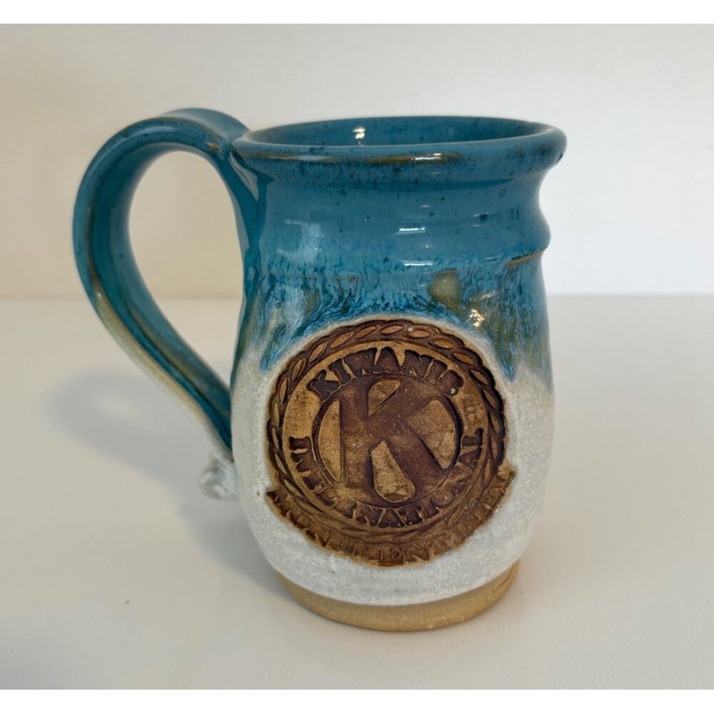 Vintage Kiwanis International Stoneware Mug Blue Glaze Handmade Pottery‎ Signed